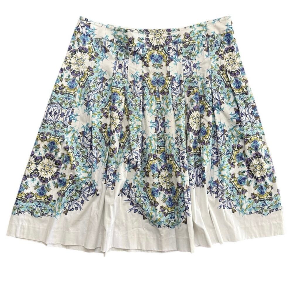 Talbots Woman's Purple Blue Floral Print Cotton Blend Pleated Midi Skirt Size 14